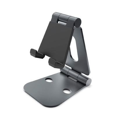 Linocell mobil- og tabletstativ, sort, justerbart metal, fleksibelt støtteben, to huller i basen, foldbart design.