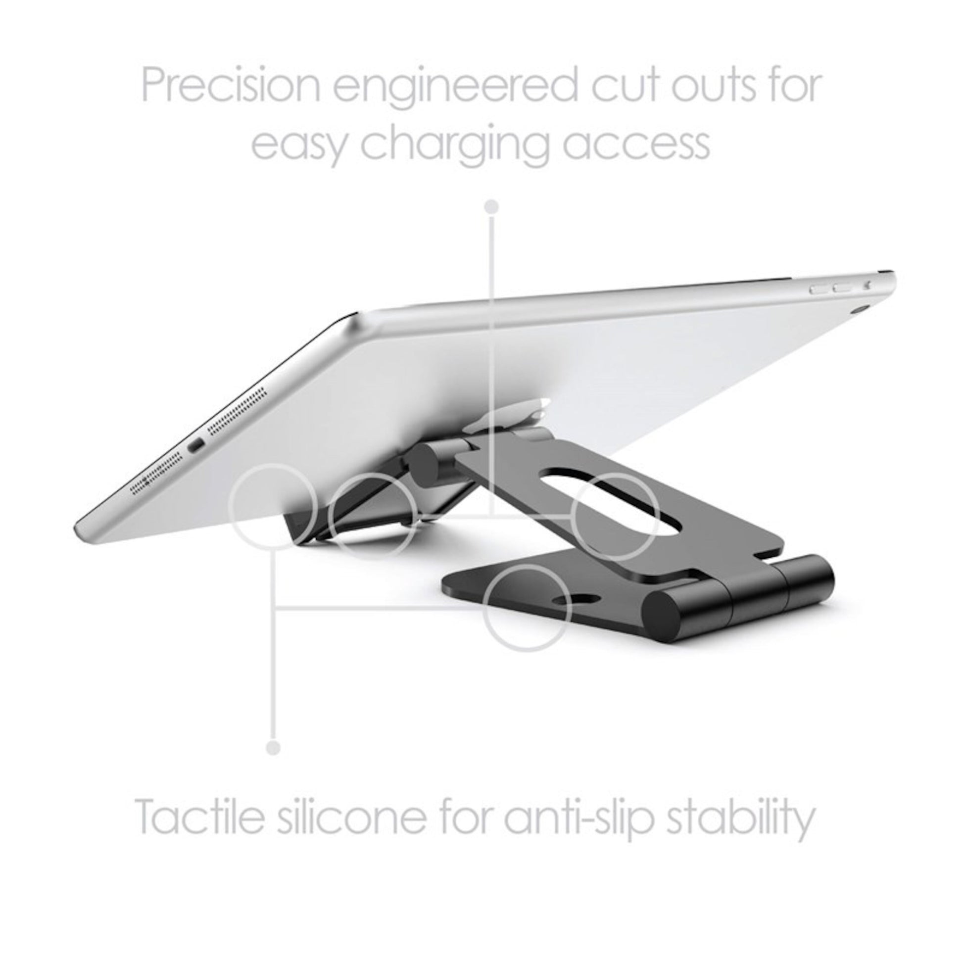 Linocell stativ til mobil og tablet med præcise udskæringer til opladning og silikoneunderlag for skridsikkerhed.