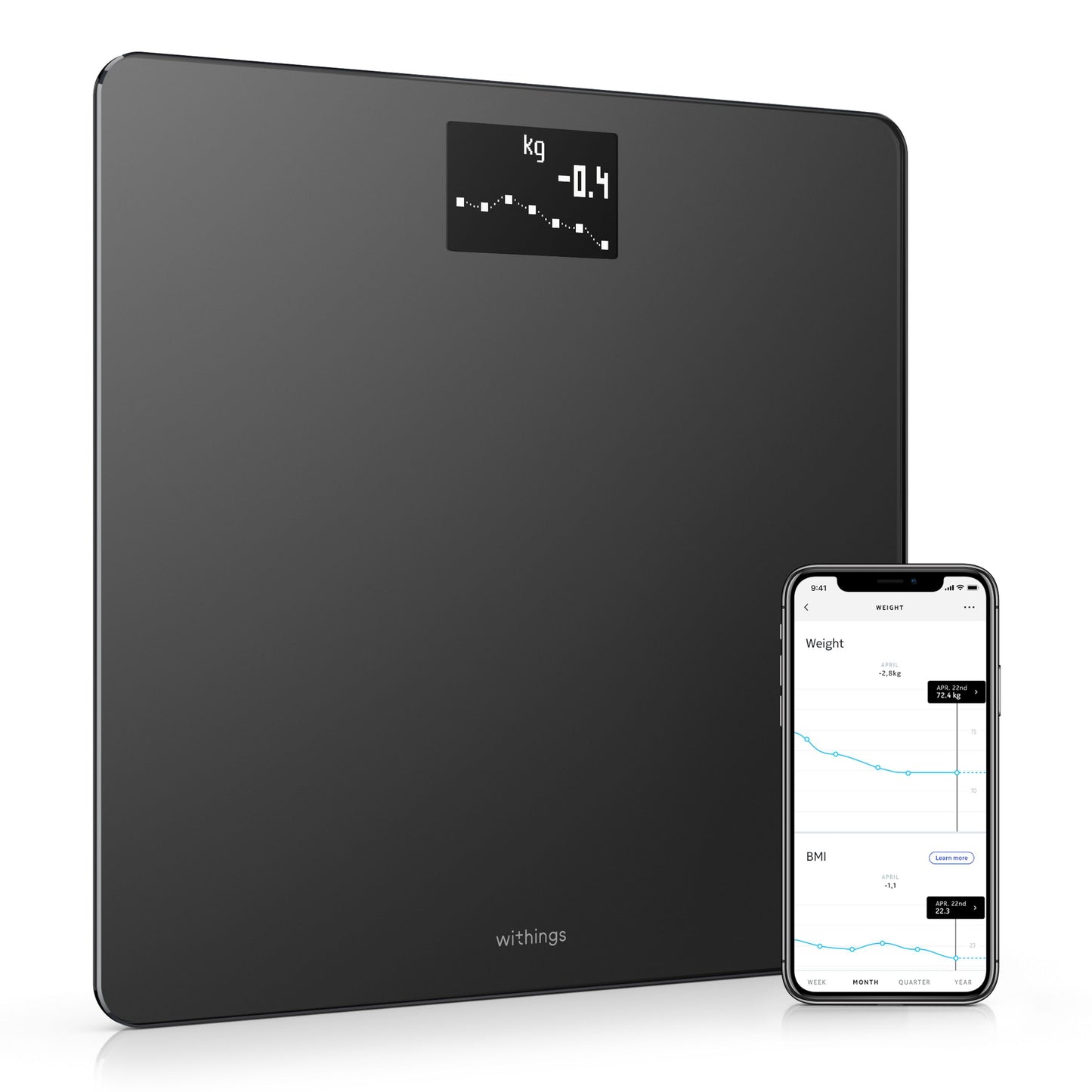 Withings Kropsvægt med wifi, sort model, kompakt skærm viser vægt, smartphone med Withings app fremhævet.