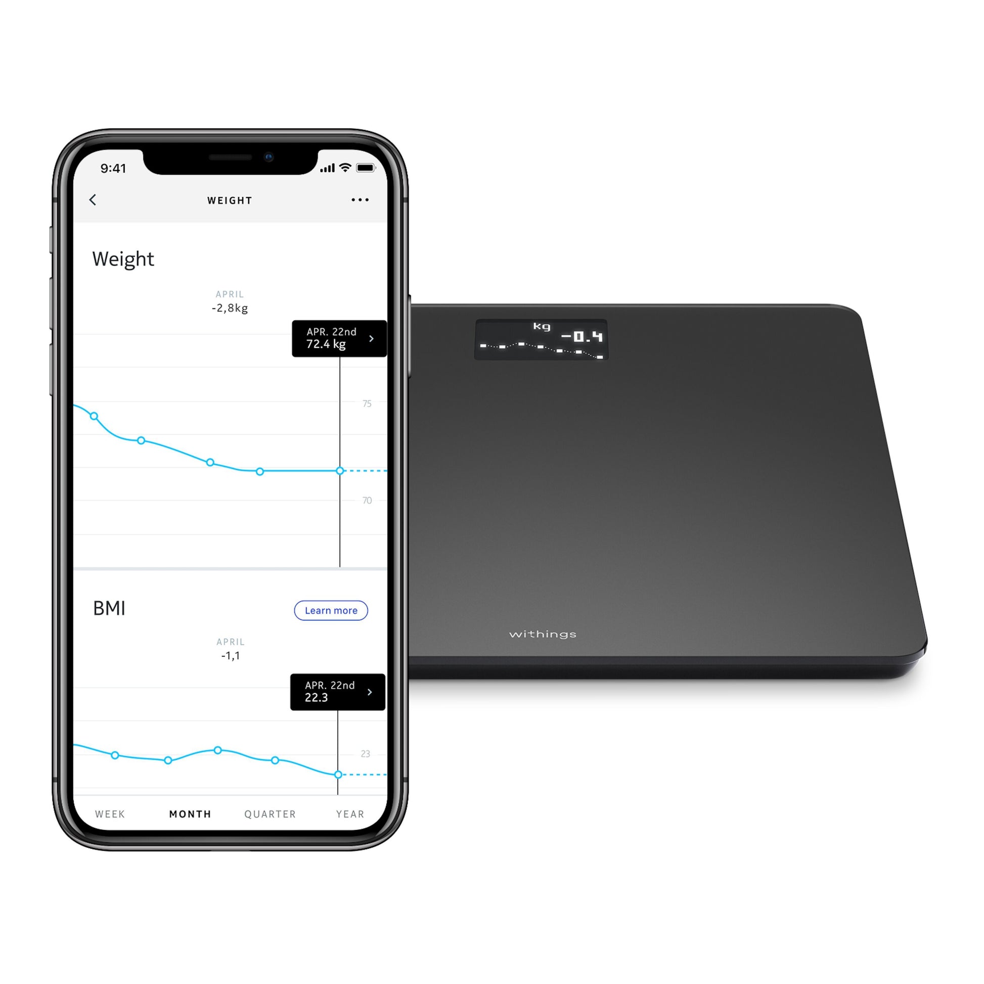 Withings Kropsvægt med wifi, sortering, digital vægt med LED-display ved siden af smartphone med vægt- og BMI-app.