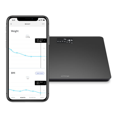Withings Kropsvægt med wifi, sortering, digital vægt med LED-display ved siden af smartphone med vægt- og BMI-app.