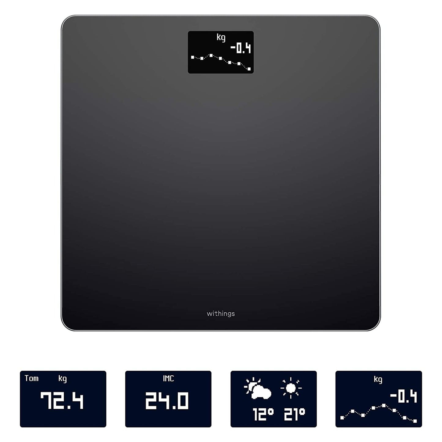 Withings kropsvægt med wifi, sort, fire miniskærme for vægt, BMI, vejrudsigt og vægtgrafik, Withings logo vises.