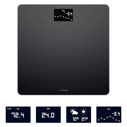 Withings kropsvægt med wifi, sort, fire miniskærme for vægt, BMI, vejrudsigt og vægtgrafik, Withings logo vises.