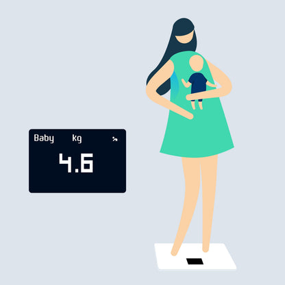 Withings Krops personvægt med wifi, sort, digitalt display viser Baby 4,6 kg, kvinde står på vægten med baby.