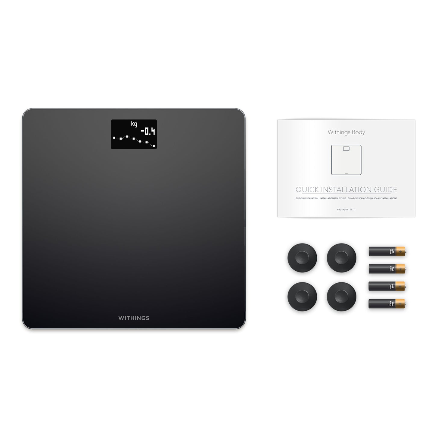 Withings kropsvægt med wifi, sort, display, fire runde fødder, bruger 4 x AAA batterier, quick start guide.