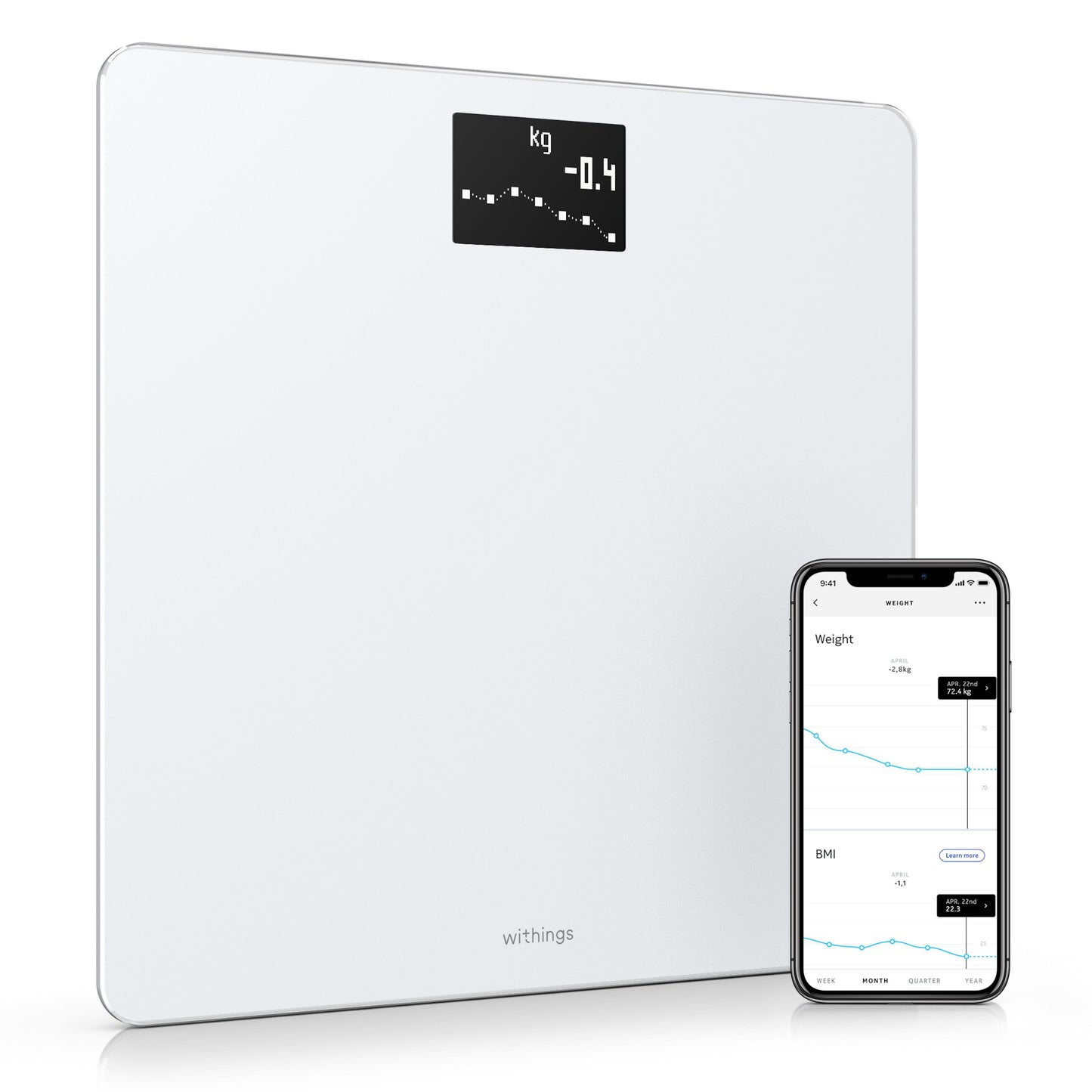Withings kropsvægt med WiFi, hvid, digitalt display viser vægt, app viser grafer for vægt og BMI.