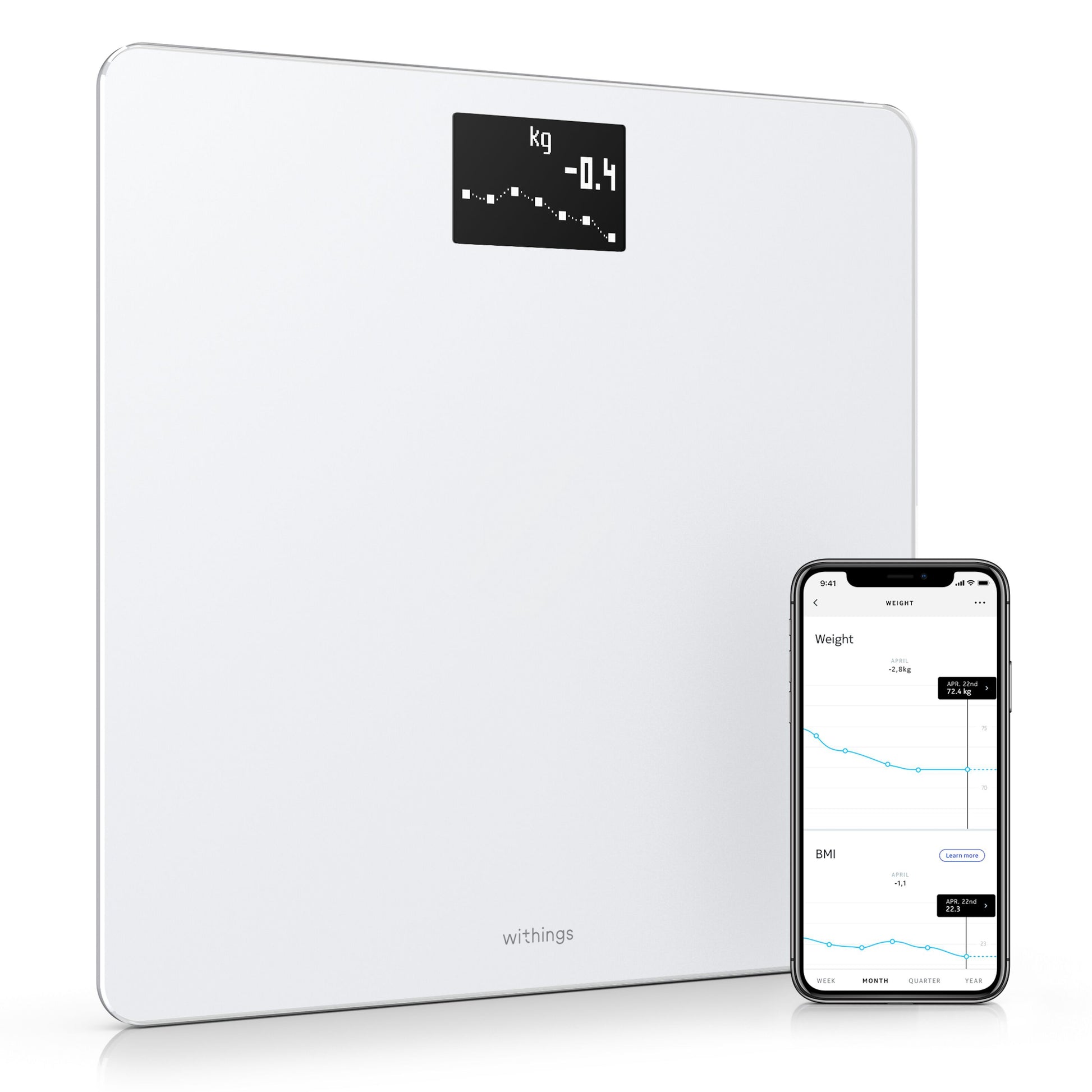 Withings kropsvægt med WiFi, hvid, digitalt display viser vægt, app viser grafer for vægt og BMI.