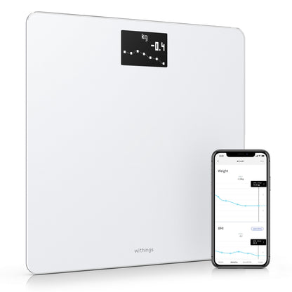 Withings kropsvægt med WiFi, hvid, digitalt display viser vægt, app viser grafer for vægt og BMI.