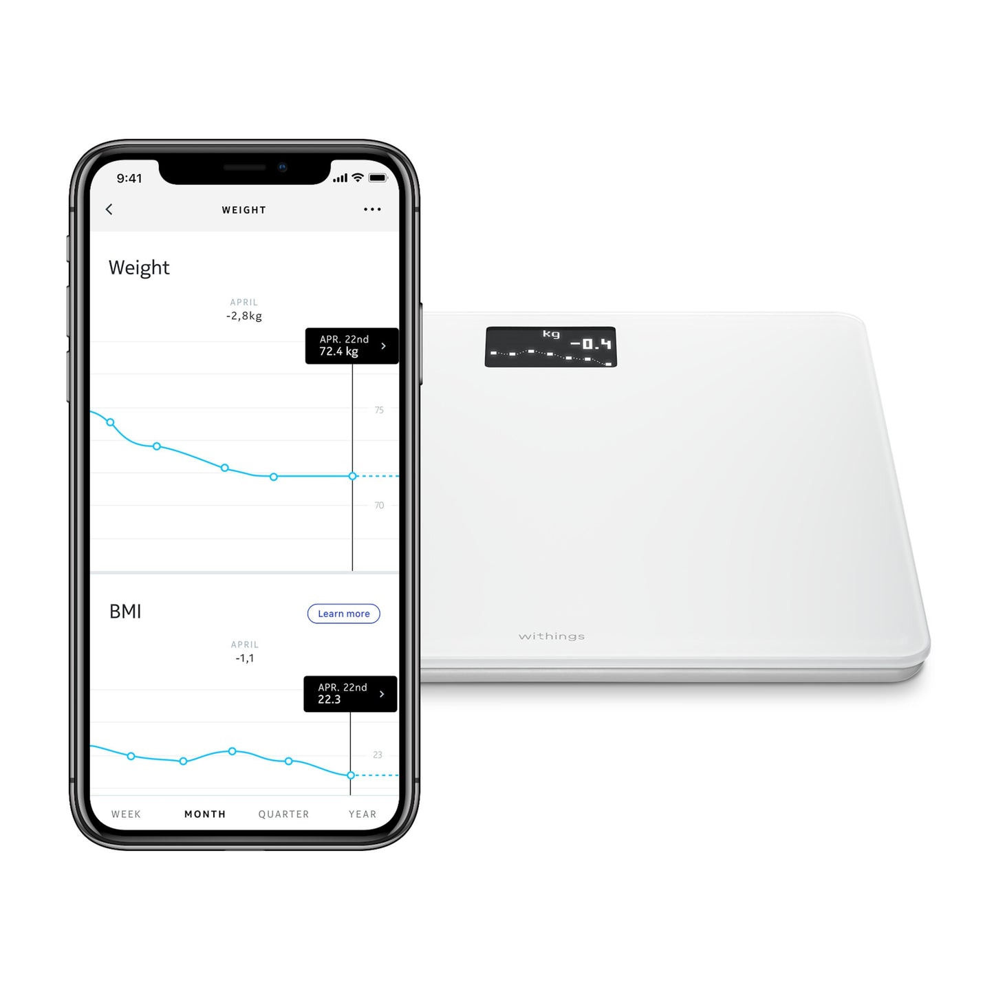 Withings kropsvægt med wifi, hvid, display med tal, smartphone med vægt og BMI tracking app og grafer ved siden af.