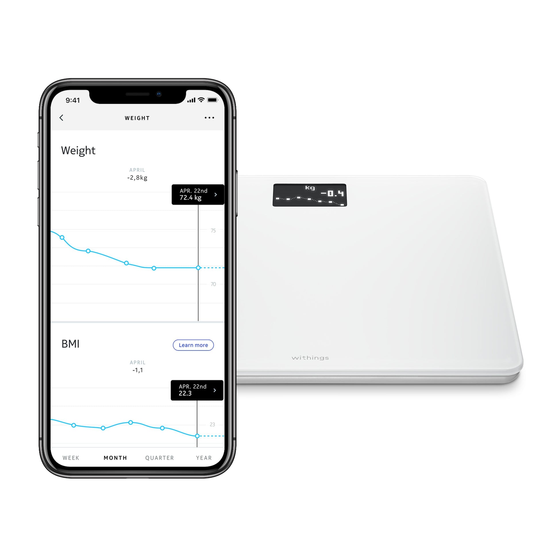 Withings kropsvægt med wifi, hvid, display med tal, smartphone med vægt og BMI tracking app og grafer ved siden af.