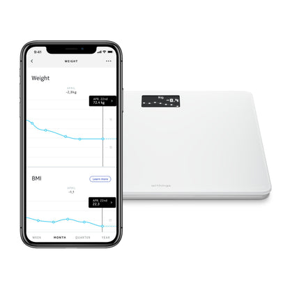 Withings kropsvægt med wifi, hvid, display med tal, smartphone med vægt og BMI tracking app og grafer ved siden af.