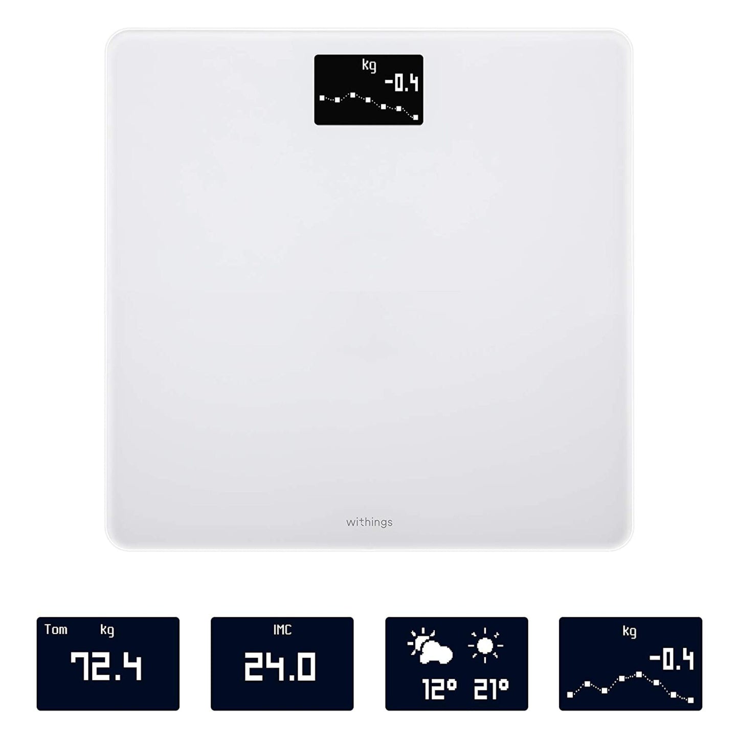 Withings kropsvægt med wifi, hvid, viser vægt, BMI, vejr og vægttrends på indbygget display.
