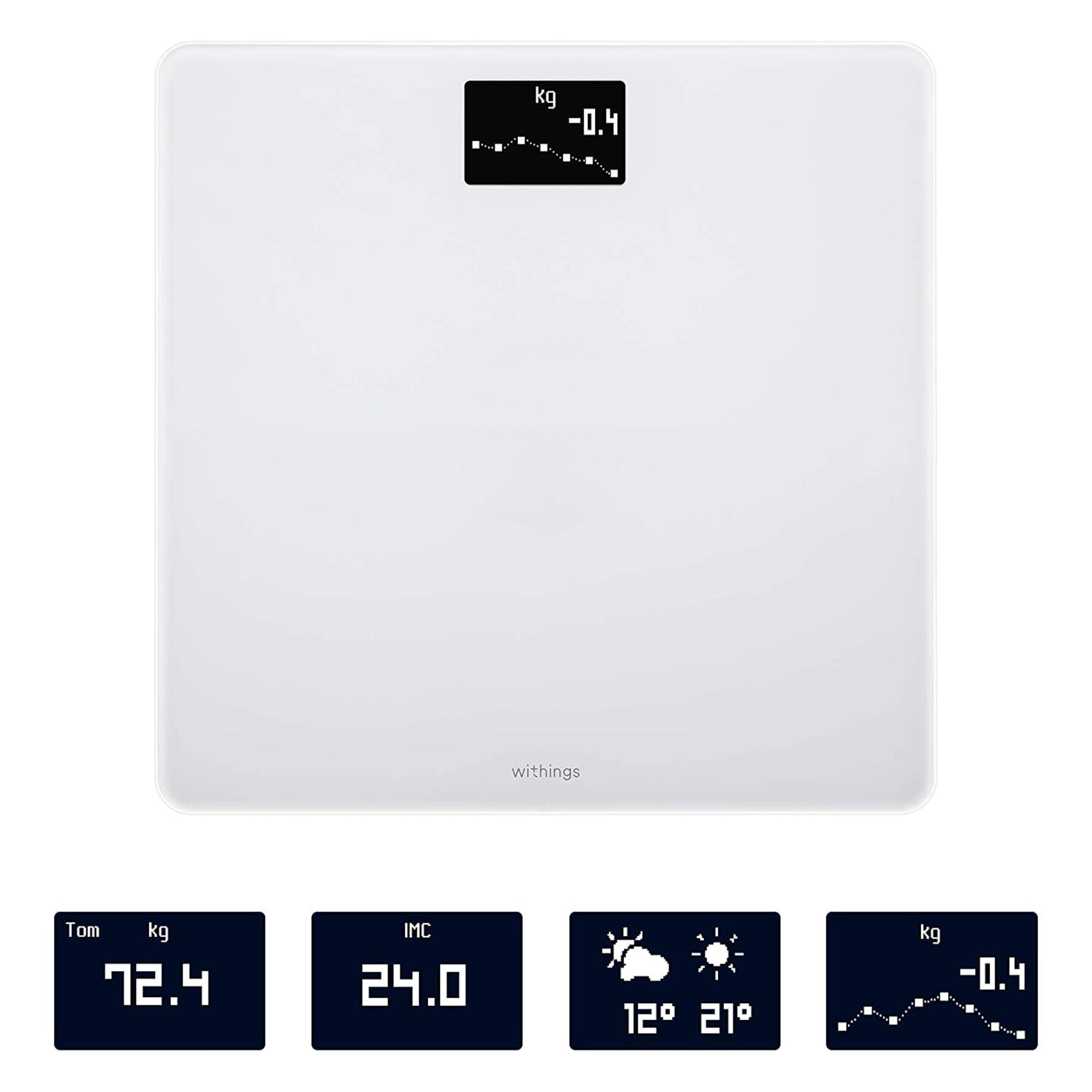 Withings kropsvægt med wifi, hvid, viser vægt, BMI, vejr og vægttrends på indbygget display.