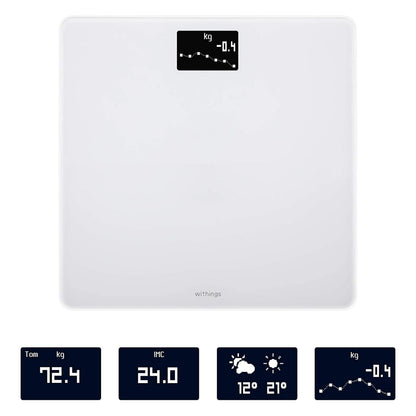 Withings kropsvægt med wifi, hvid, viser vægt, BMI, vejr og vægttrends på indbygget display.
