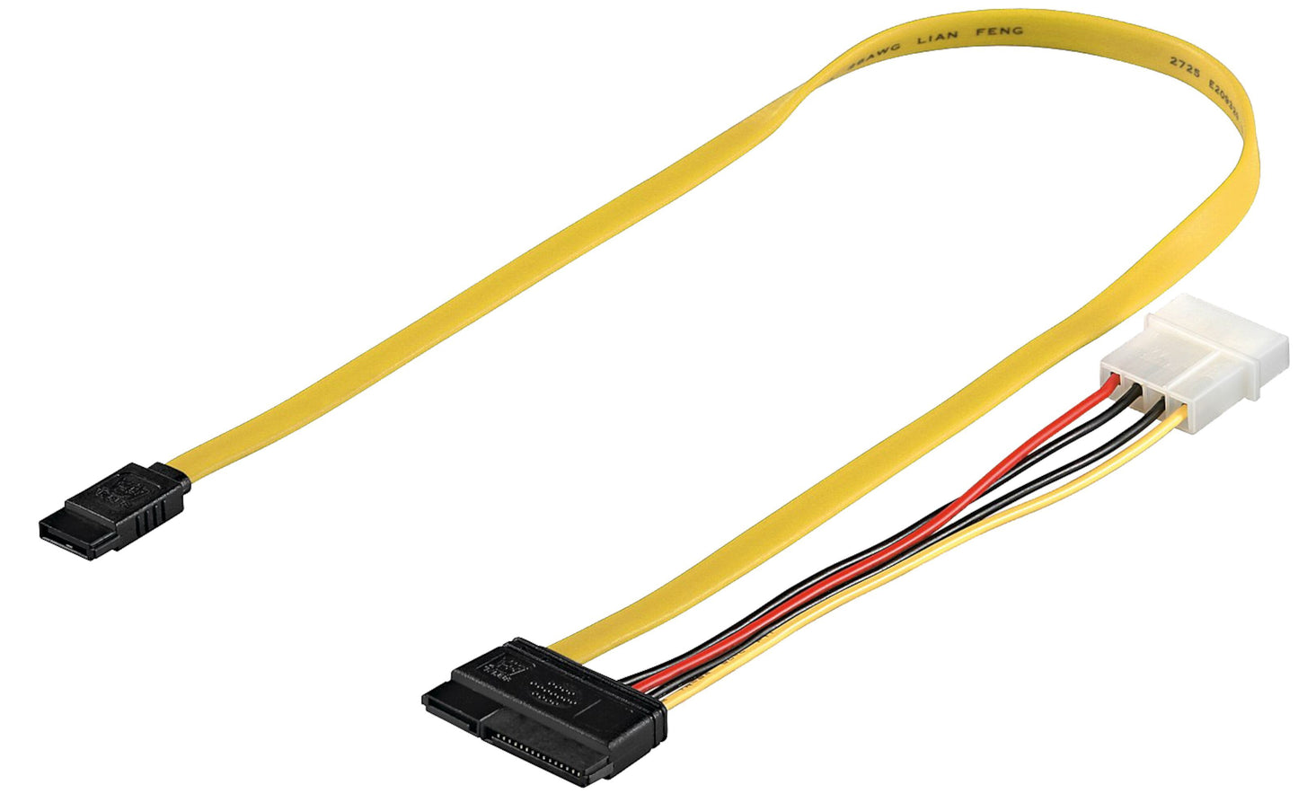 Adapterkabel SATA gul, sorte SATA og strømstik, 4-pin Molex, til data og strøm tilslutning af computerdrev.