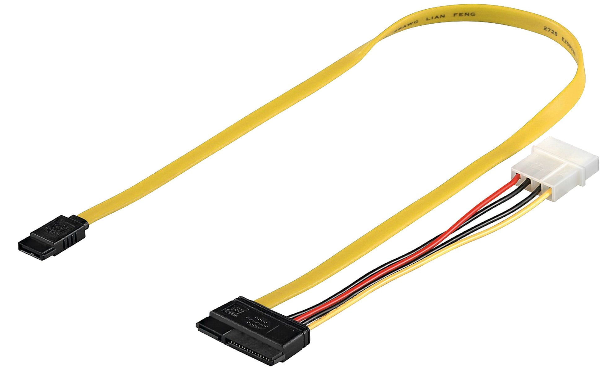 Adapterkabel SATA gul, sorte SATA og strømstik, 4-pin Molex, til data og strøm tilslutning af computerdrev.