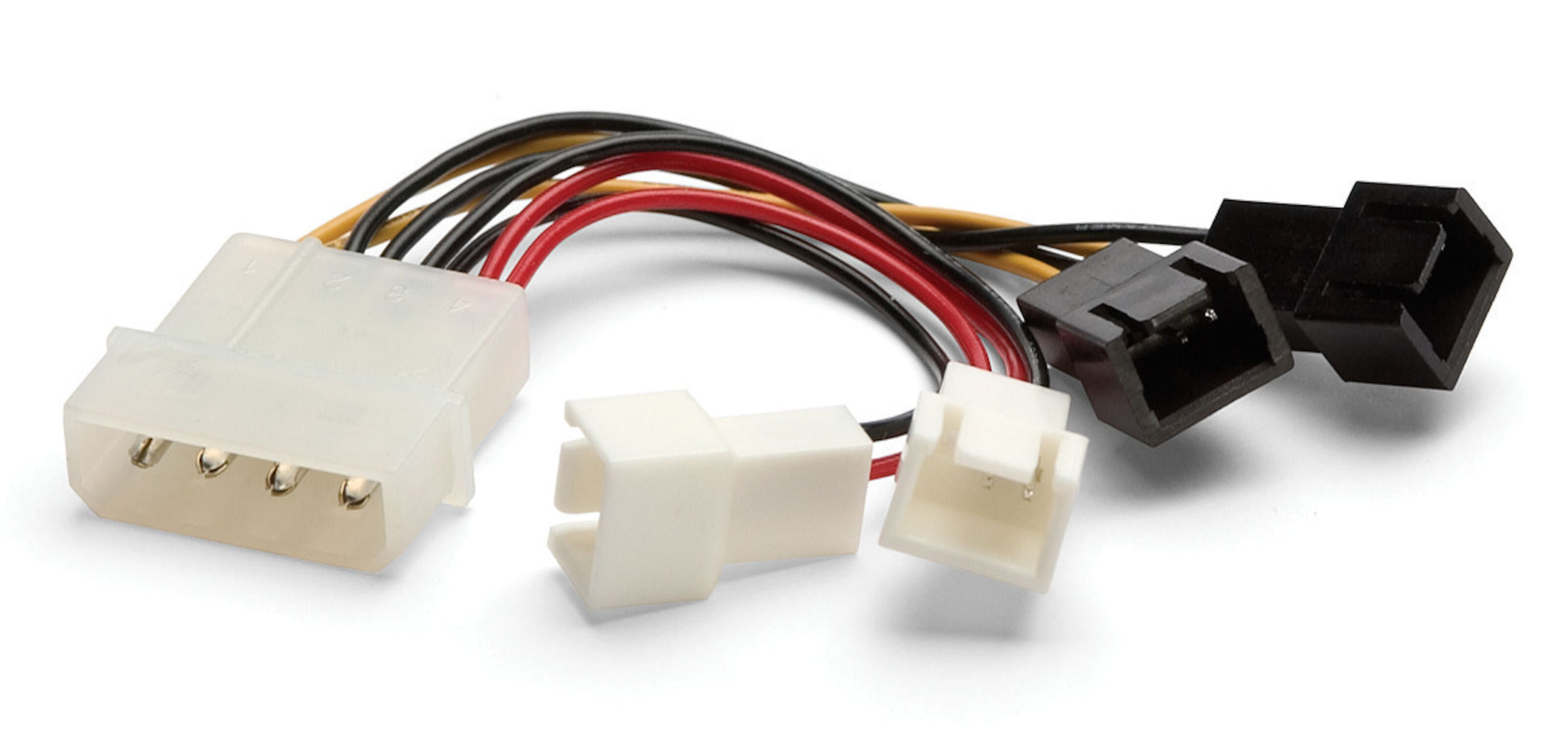 Adapterkabel til fans 4-pin Molex med én 4-pin Molex, til hvide 2-pin stik og til sorte fan splitter stik.