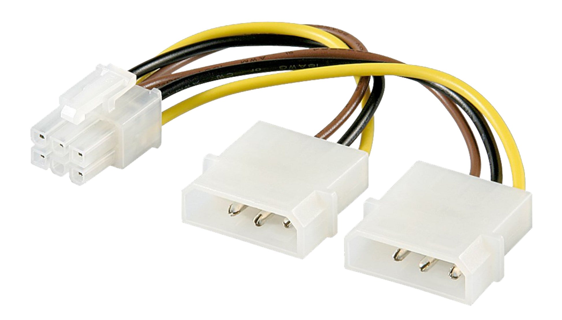 Adapter 6-pin PCI-express med to Molex-stik og et 6-pin stik, farver: gul, sort og brun.