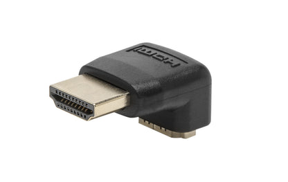HDMI-vinkeladapter nedadvendt sort med guldbelagt hanstik og hunport til at lede HDMI-kabel nedad.
