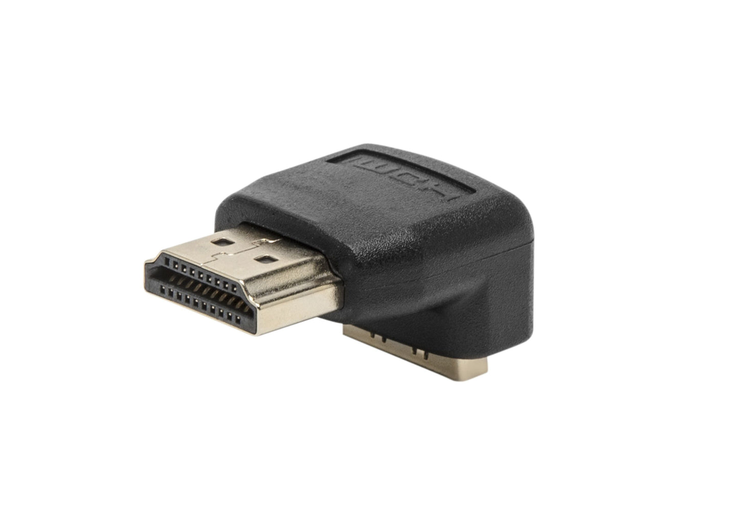 Sort HDMI vinkeladapter, han til hun, 90° opad, guldbelagt stik, "HDMI" præget på huset.