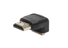 Sort HDMI vinkeladapter, han til hun, 90° opad, guldbelagt stik, "HDMI" præget på huset.