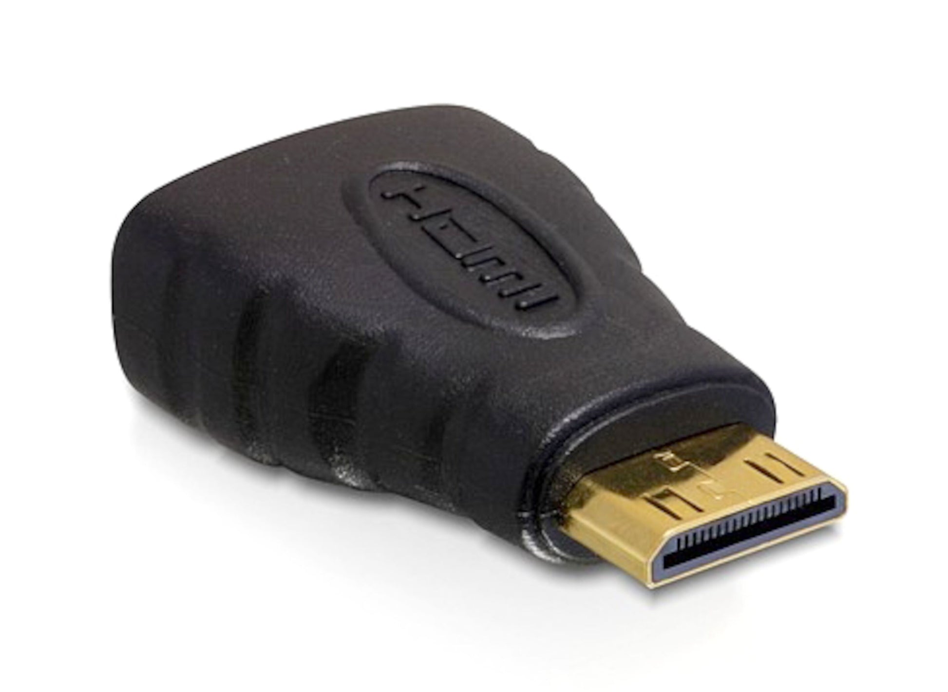 Mini-HDMI-adapter med sort greb og guldbelagt stik, understøtter 4K HDMI.