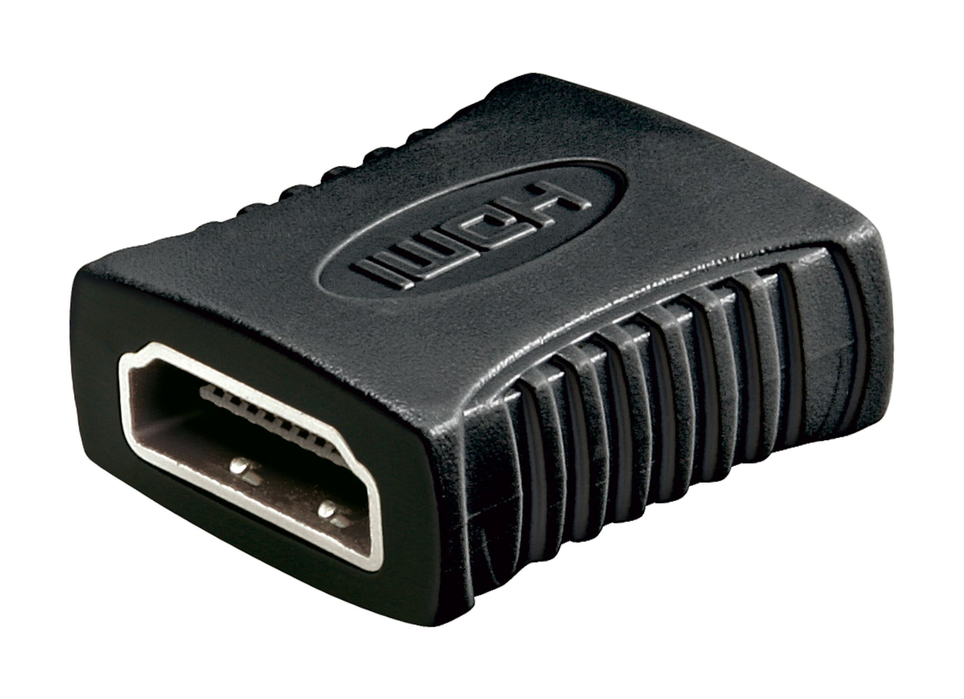 HDMI hun-til-hun adapter i sort med HDMI-logo, teksturerede grip-sider og kvindelig HDMI-port.