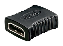 HDMI hun-til-hun adapter i sort med HDMI-logo, teksturerede grip-sider og kvindelig HDMI-port.