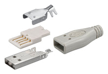USB-stik til lodning USB-A adskilt, metalafskærmning, trækaflastning, hvid plast med guldkontakter, gråt kabinet.