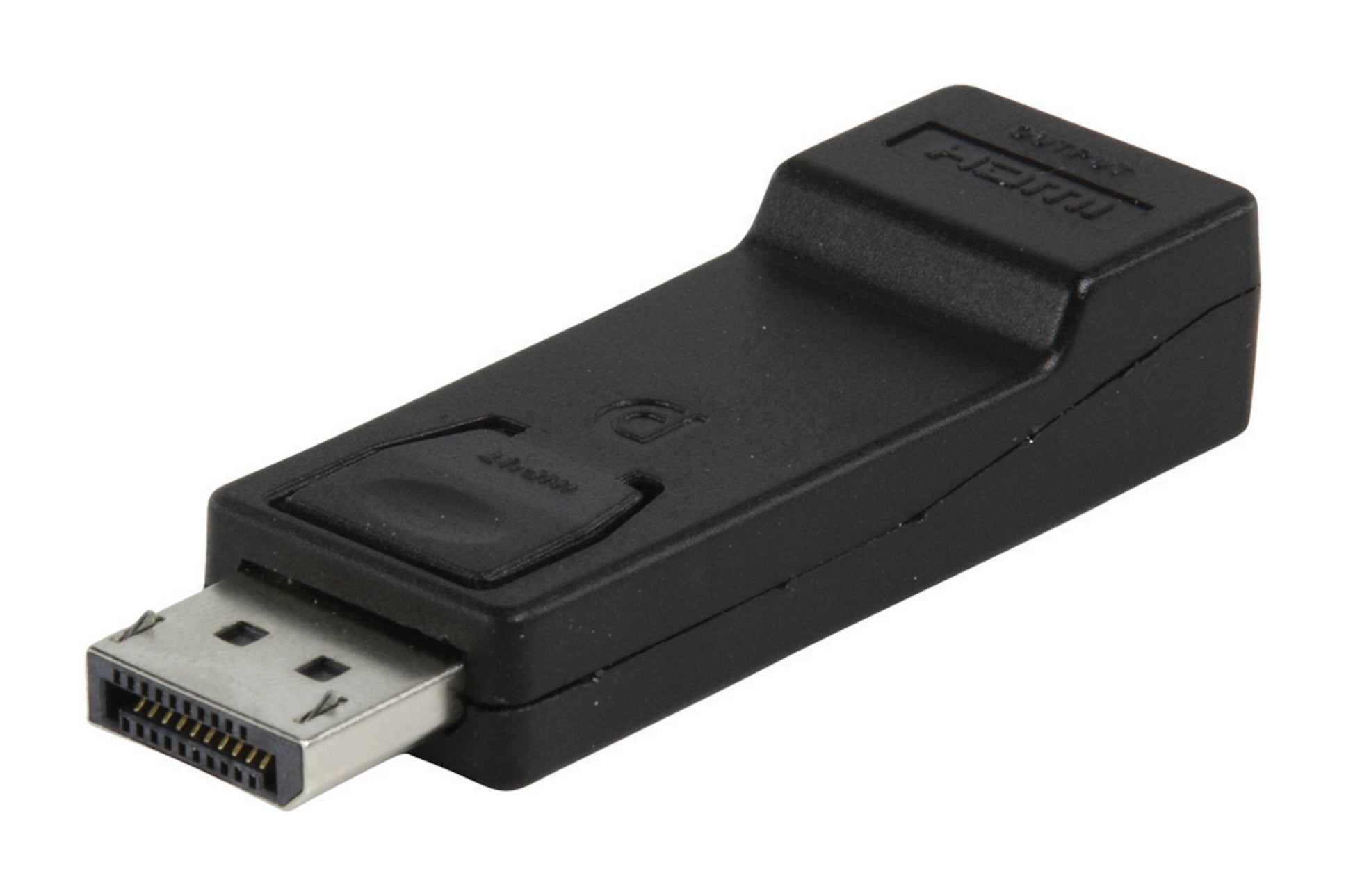Luxorparts DisplayPort til HDMI adapter sort, DisplayPort stik foran og HDMI port i den anden ende.