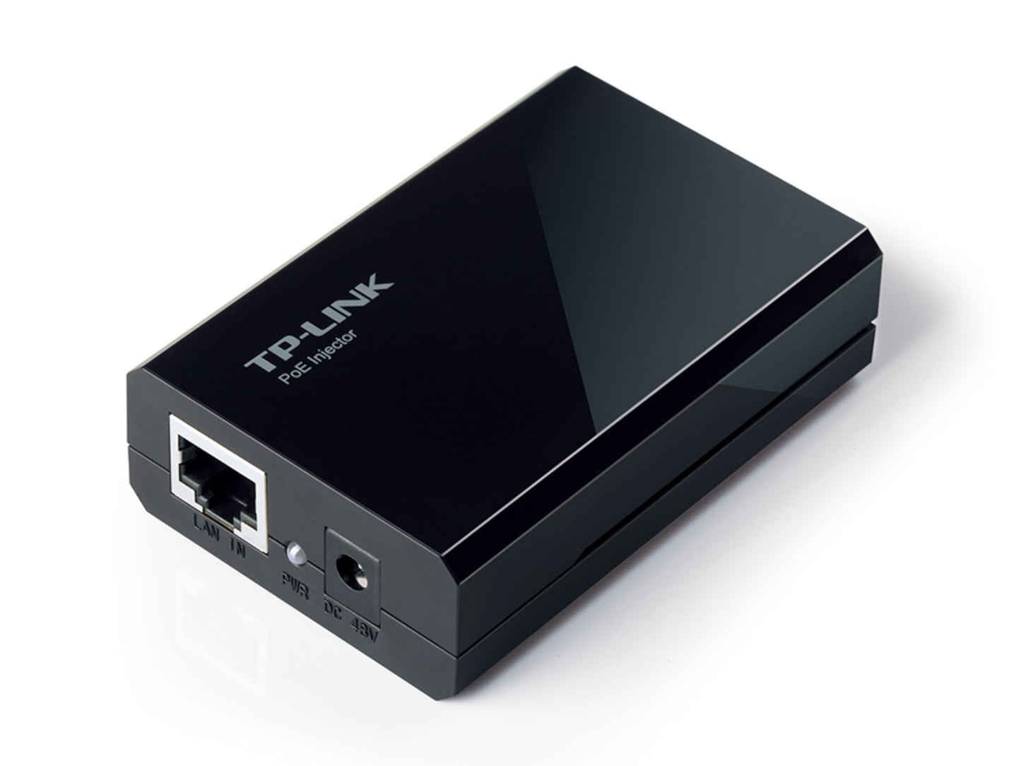 TP-Link POE-injektor sort med LAN IN-port, PWR LED, DC 48V strømindgang, understøtter 802.3af PoE-enheder.