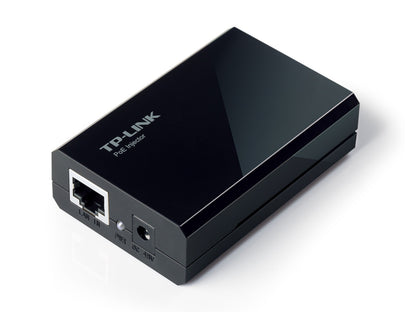 TP-Link POE-injektor sort med LAN IN-port, PWR LED, DC 48V strømindgang, understøtter 802.3af PoE-enheder.