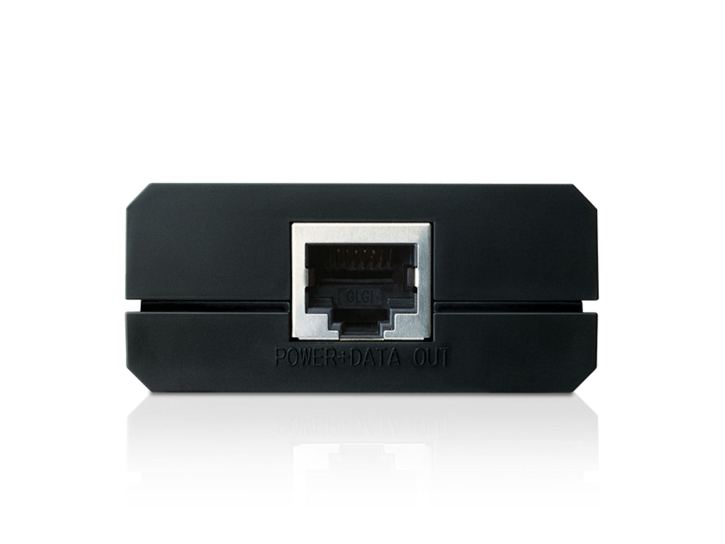 TP-Link sort PoE-injektor med én Ethernet-port mærket "POWER+DATA OUT", understøtter 802.3af PoE-enheder.