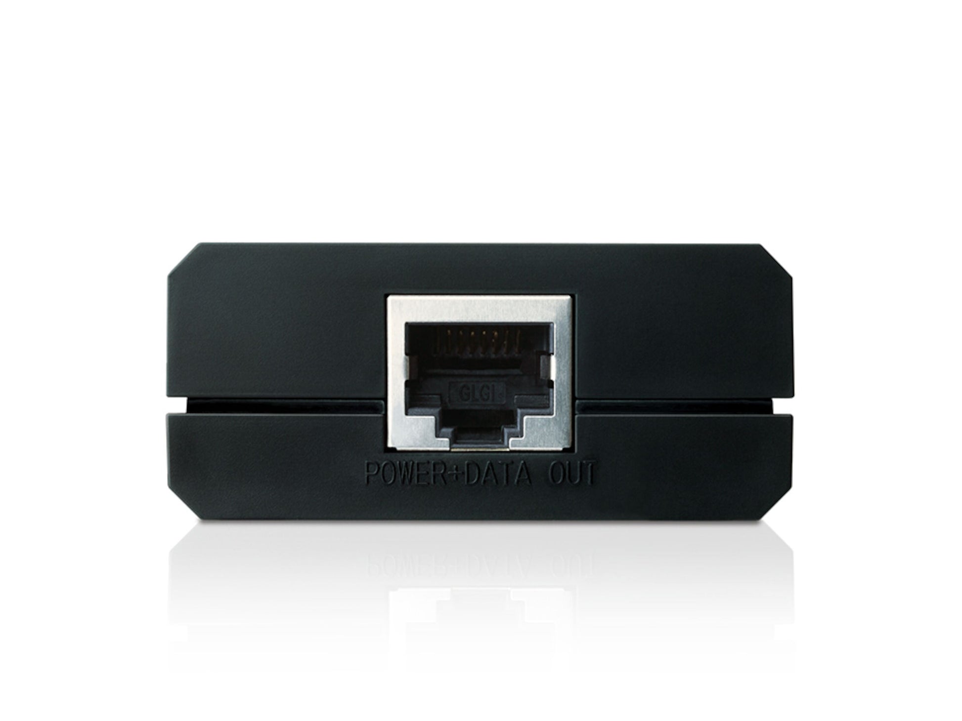 TP-Link sort PoE-injektor med én Ethernet-port mærket "POWER+DATA OUT", understøtter 802.3af PoE-enheder.