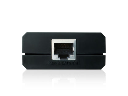 TP-Link sort PoE-injektor med én Ethernet-port mærket "POWER+DATA OUT", understøtter 802.3af PoE-enheder.