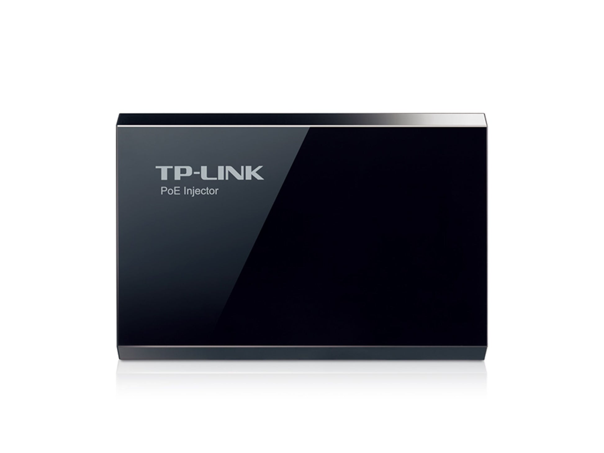 TP-Link PoE Injector, sort rektangulær med blank finish, Tp-Link logo og "PoE Injector" forpå, 802.3af support.