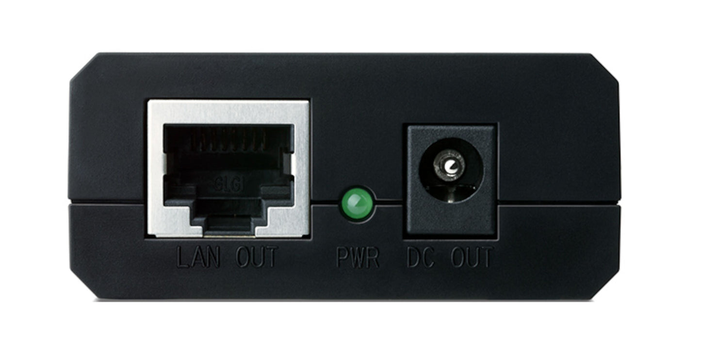 TP-Link POE-splitter 5-12V bagpanel med LAN OUT Ethernet-port, grøn PWR-indikator og DC OUT, hvid mærkning.