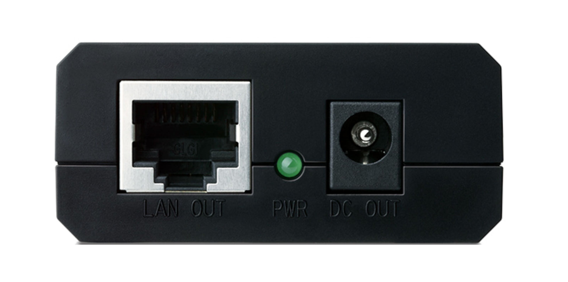 TP-Link POE-splitter 5-12V bagpanel med LAN OUT Ethernet-port, grøn PWR-indikator og DC OUT, hvid mærkning.
