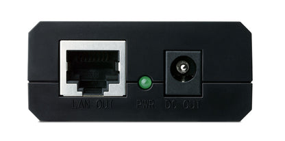 TP-Link POE-splitter 5-12V bagpanel med LAN OUT Ethernet-port, grøn PWR-indikator og DC OUT, hvid mærkning.