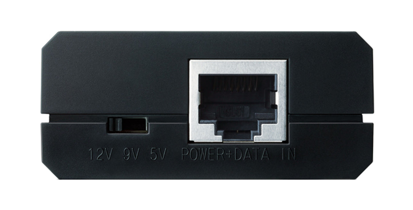 TP-Link POE-splitter 5-12V sort, powerknap og Ethernet port mærket 12V 9V 5V POWER+DATA IN, close-up vinkel.