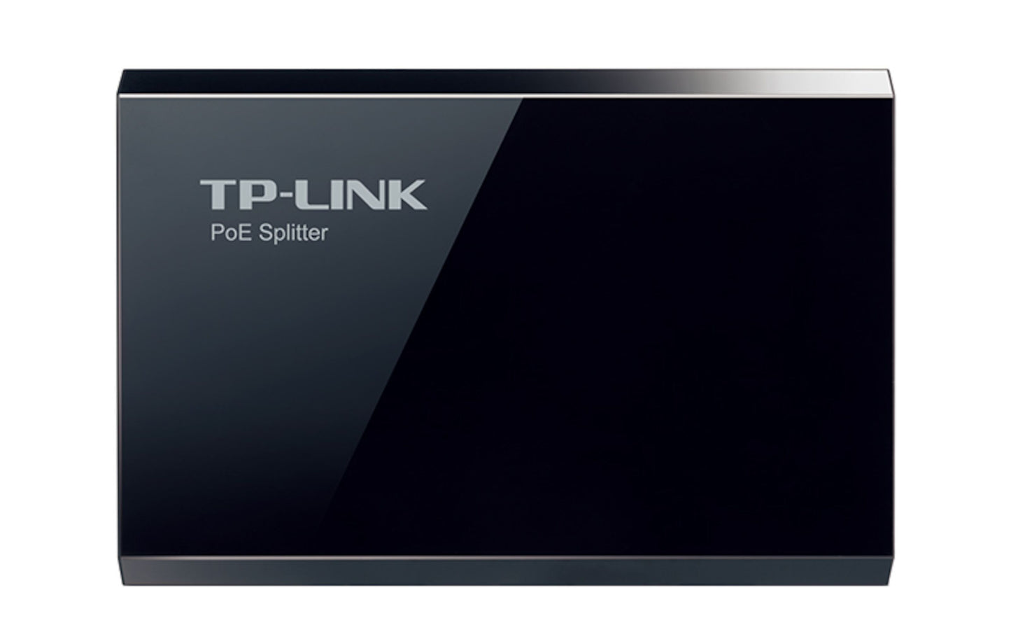 TP-Link PoE Splitter 5-12V sort, blank finish, Tp-Link logo og teksten "PoE Splitter" synlig på fronten.