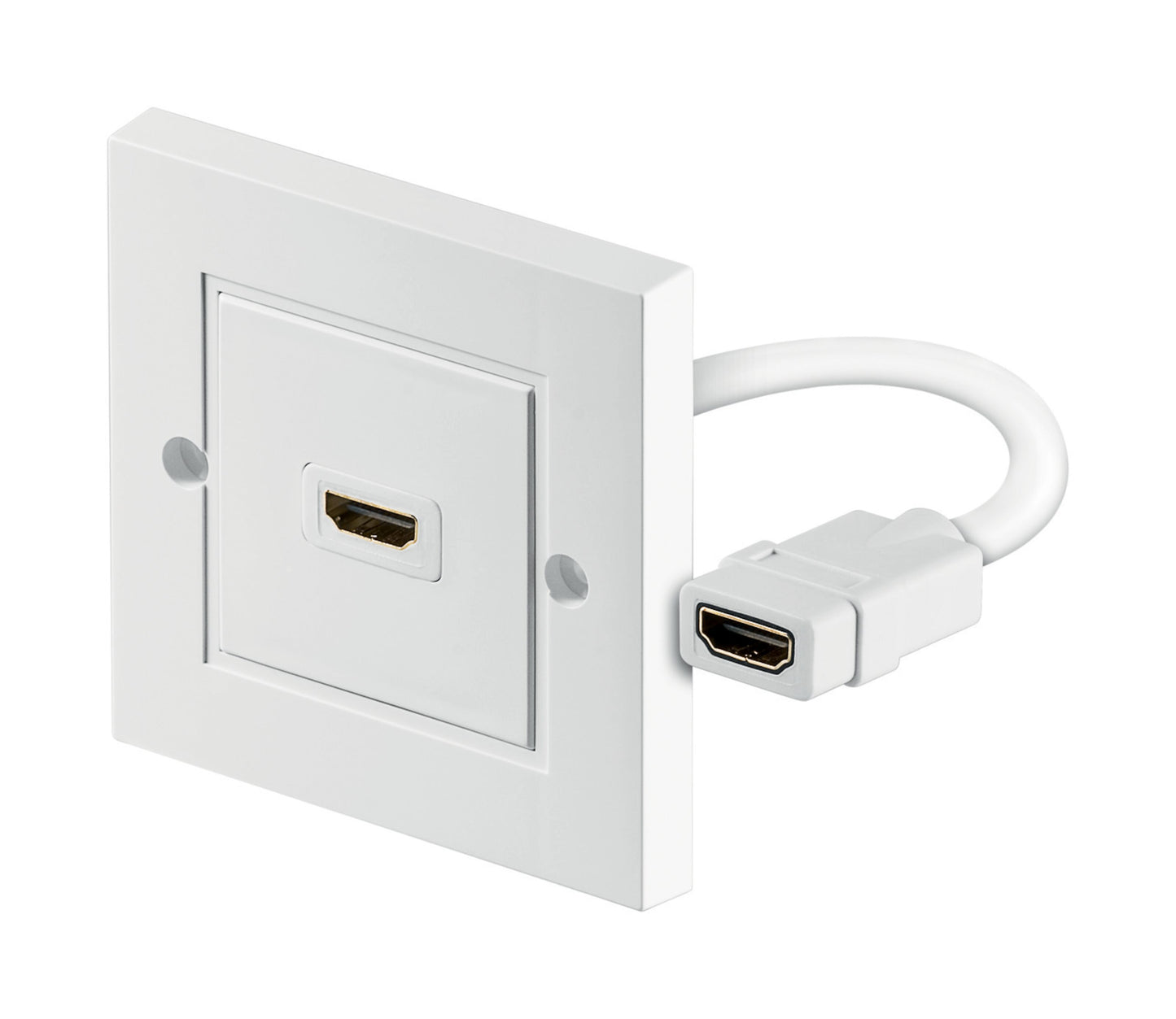 Indbygnings HDMI udtag med midterport og kort HDMI kabel, begge tilslutninger vises, hvid afslutning.
