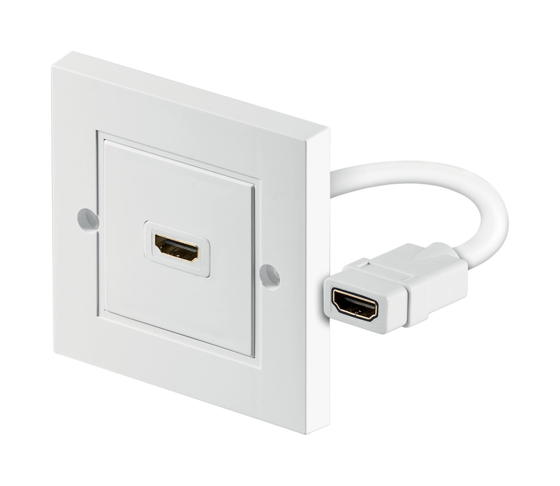 Indbygnings HDMI udtag med midterport og kort HDMI kabel, begge tilslutninger vises, hvid afslutning.