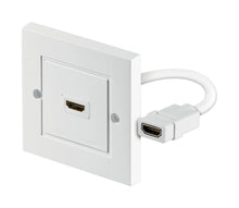 Indbygnings HDMI udtag med midterport og kort HDMI kabel, begge tilslutninger vises, hvid afslutning.