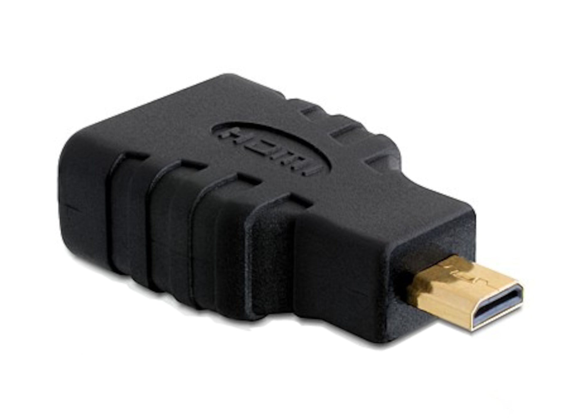 Micro-HDMI-adapter med guldbelagt mini HDMI-hanstik og standard HDMI-hunport, kompatibel med HDMI-kabler og Micro-HDMI.