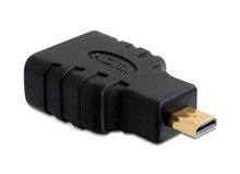 Micro-HDMI-adapter med guldbelagt mini HDMI-hanstik og standard HDMI-hunport, kompatibel med HDMI-kabler og Micro-HDMI.