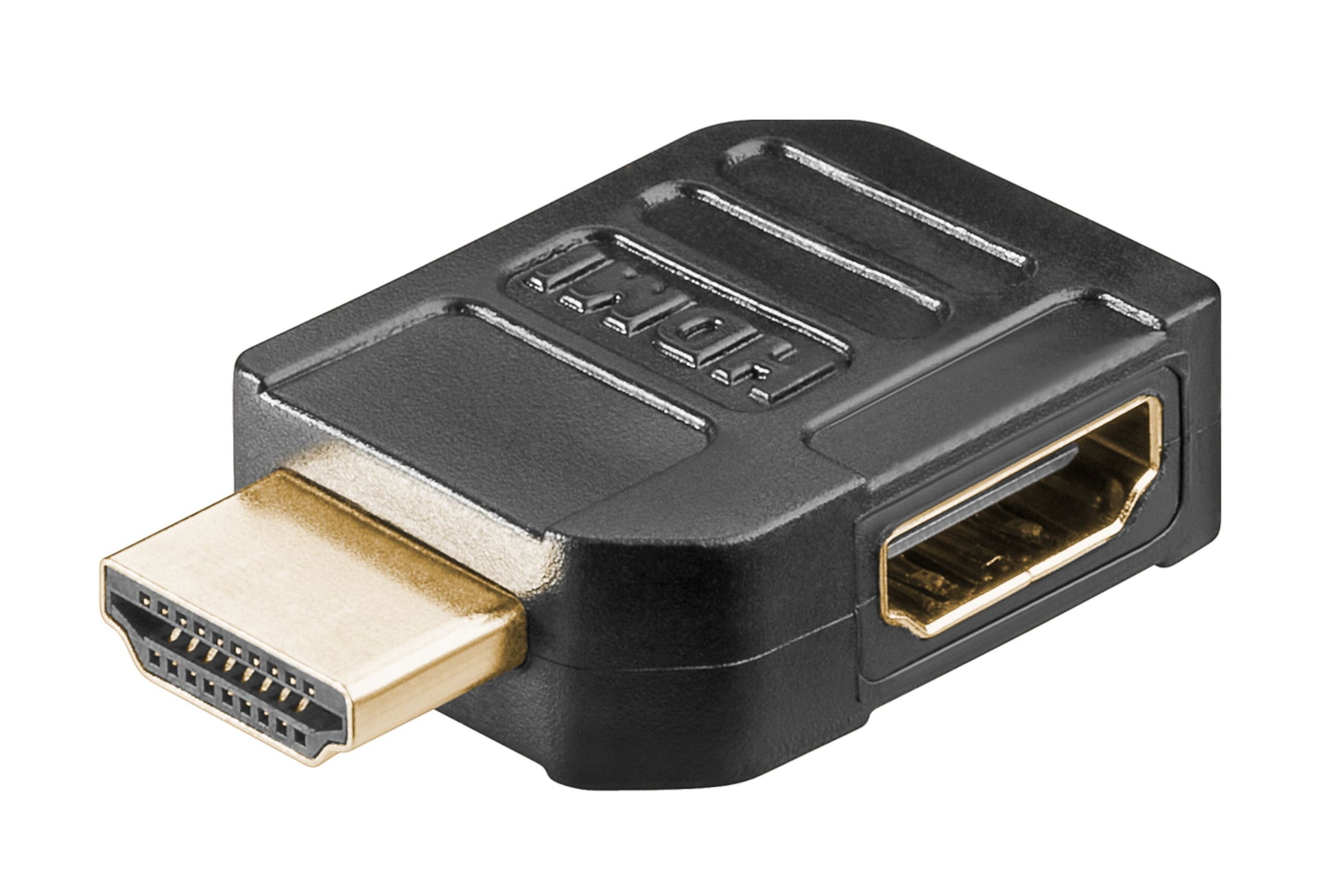 The HDMI-vinkeladapter - 90° is a black HDMI adapter with a male-to-female design, ideal for connecting HDMI cables or devices in tight spaces.