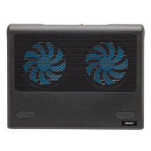 Plexgear køleplade til laptop 15", sort, to blå blæsere bag net, rektangulær med afrundede hjørner, Plexgear logo.