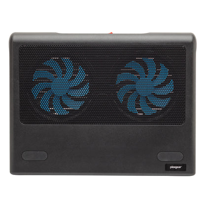 Plexgear køleplade til laptop 15", sort, to blå blæsere bag net, rektangulær med afrundede hjørner, Plexgear logo.