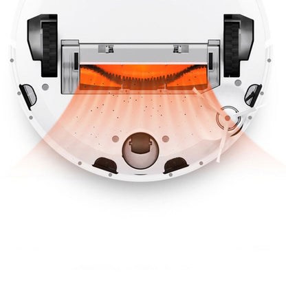 Roborock Børste til robotstøvsuger underside med børste, hjul, sensorer og orange luftstrøm, detalje af udskiftningsbørste.